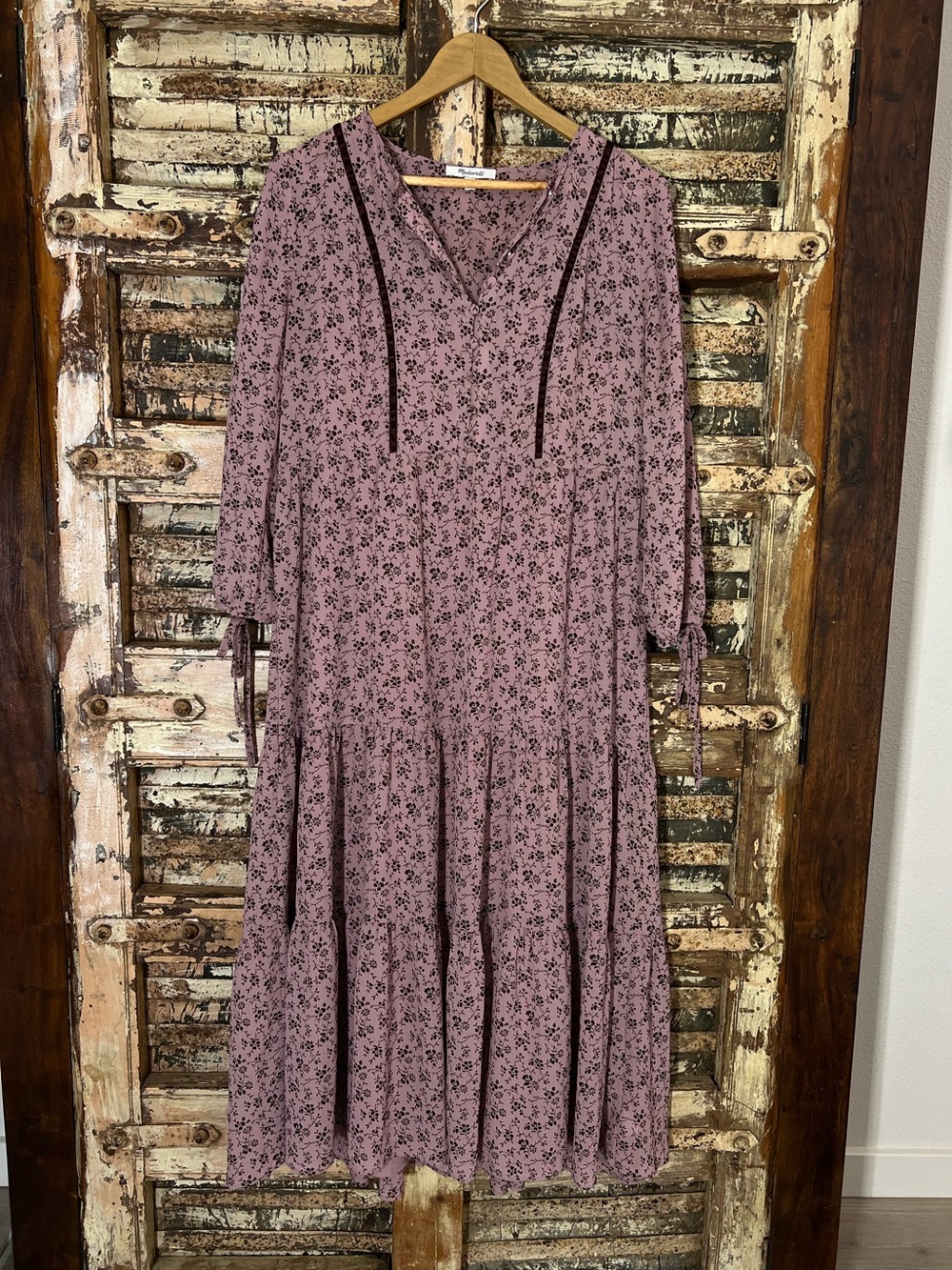 MADEWELL • mauve Branch Floral long-sleeve tiered midi dress